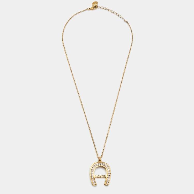 Aigner Crystal Embellished Logo Gold Tone Pendant Necklace Aigner