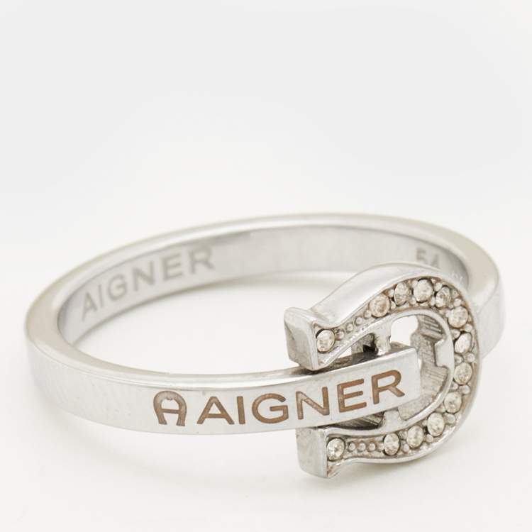 Pre Owned Aigner Crystals Silver Tone Ring Size 53