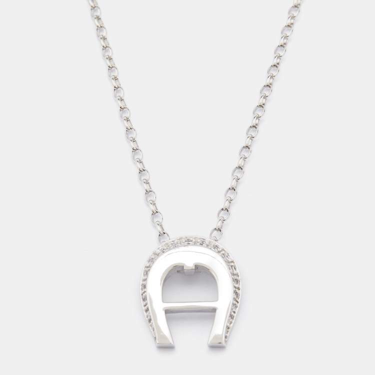 Pre Owned Aigner Sterling Silver Crystal Embellished Pendant Necklace