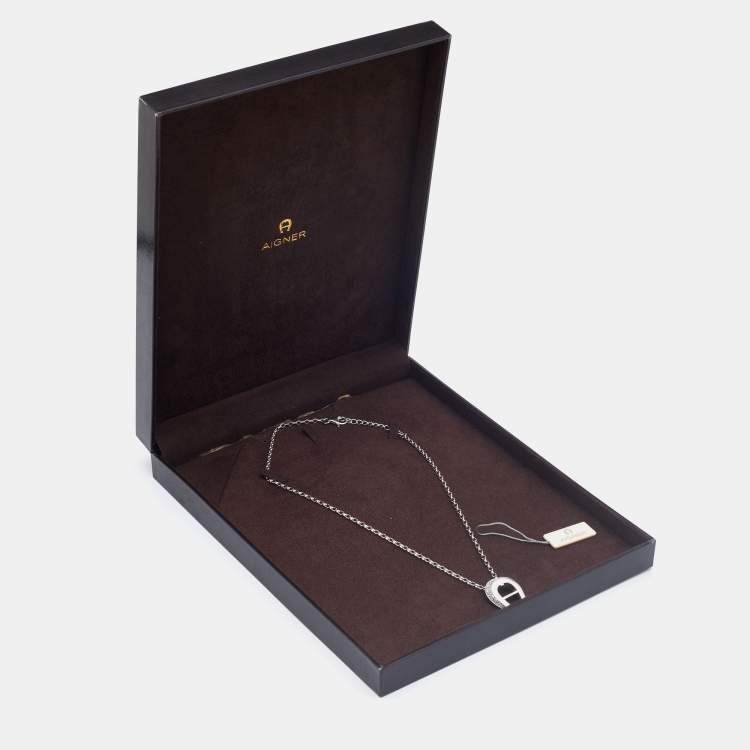 Pre Owned Aigner Sterling Silver Crystal Embellished Pendant Necklace