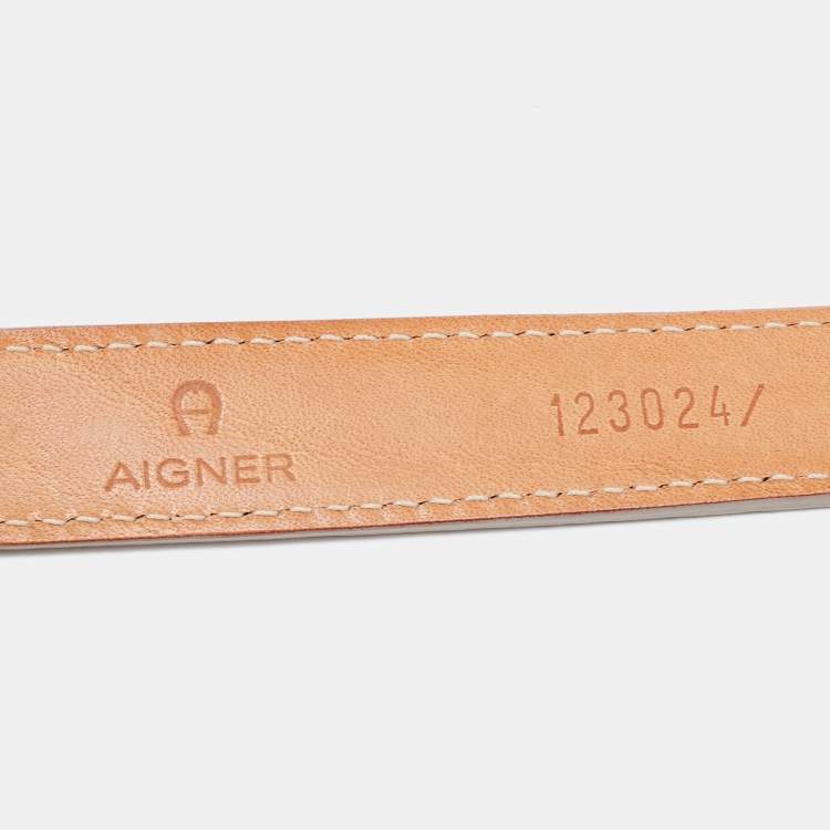 Pre Owned Aigner Off White Leather Logo Slim Belt 100CM