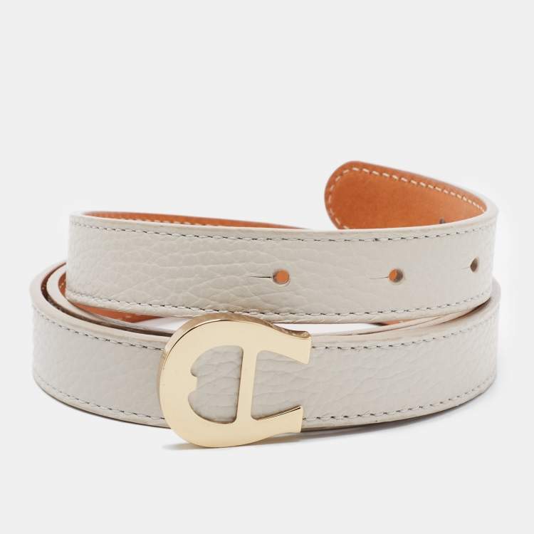 Pre Owned Aigner Off White Leather Logo Slim Belt 100CM