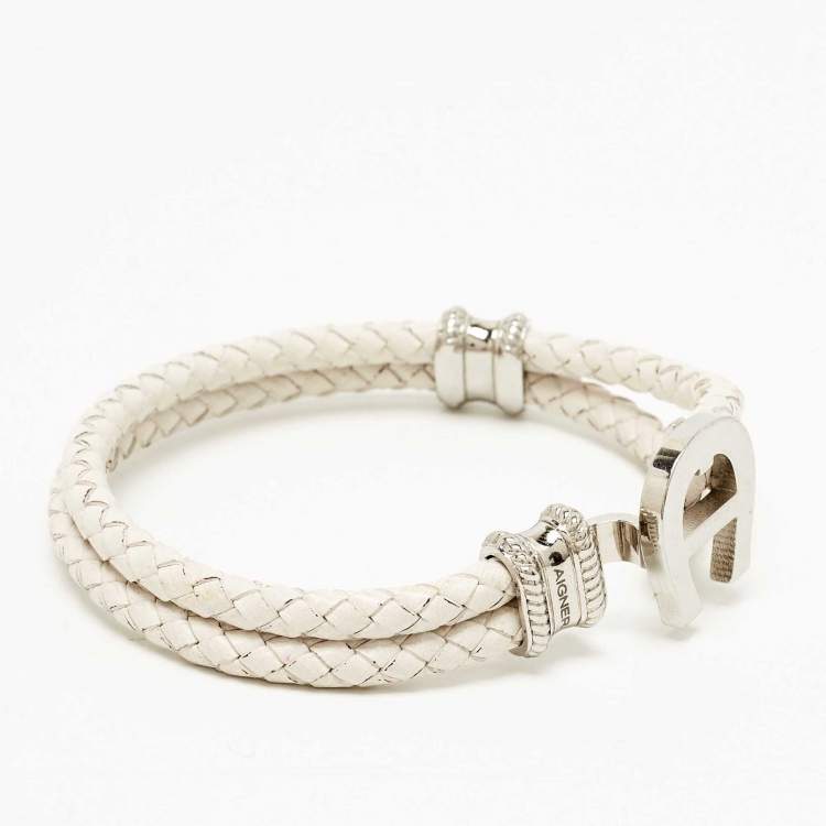 Pre Owned Aigner Braided Leather Silver Tone Bracelet