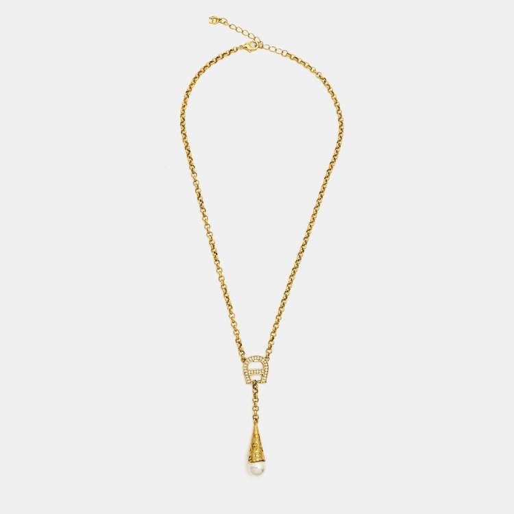 Pre Owned Aigner Crystal Faux Pearl Gold Tone Necklace Set