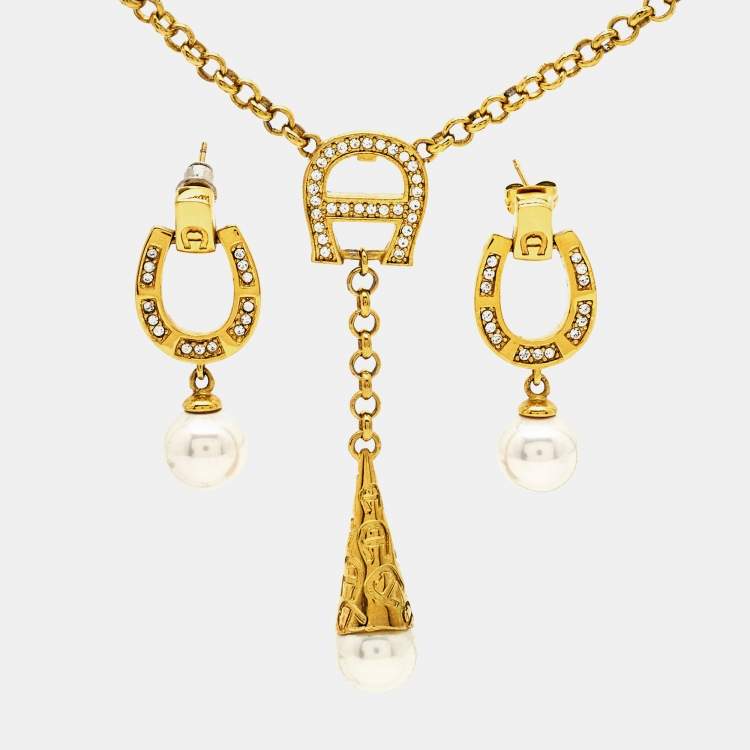 Aigner Crystal Faux Pearl Gold Tone Necklace Set Aigner TLC