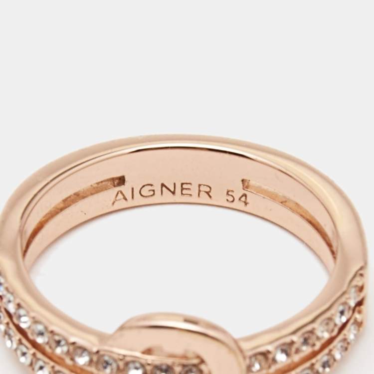 Pre Owned Aigner Crystal Rose Gold Tone Ring Size 54