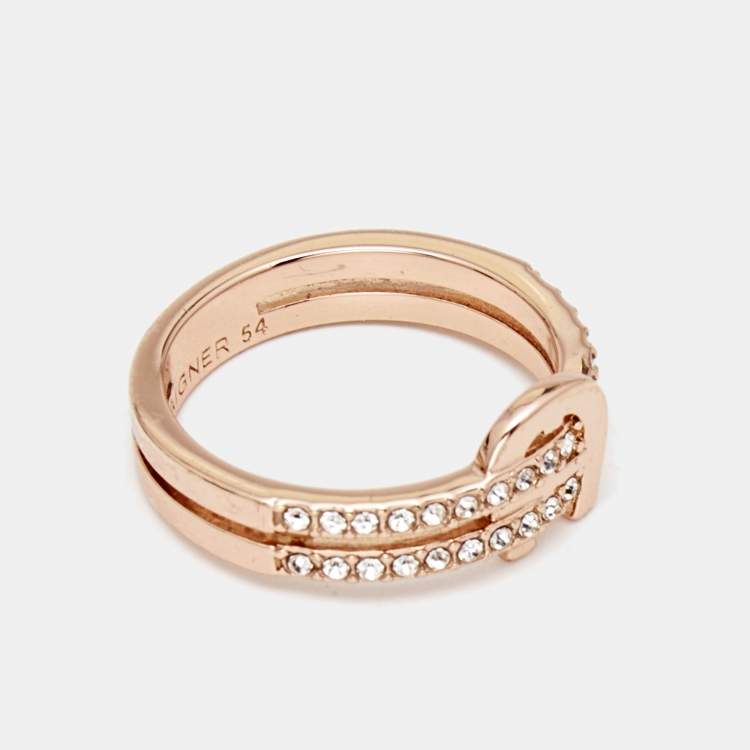Pre Owned Aigner Crystal Rose Gold Tone Ring Size 54