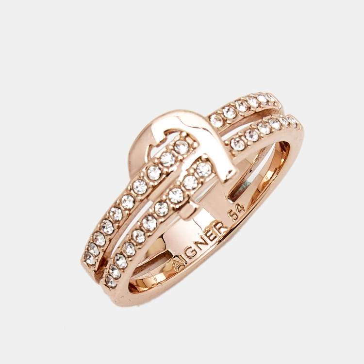 Pre Owned Aigner Crystal Rose Gold Tone Ring Size 54