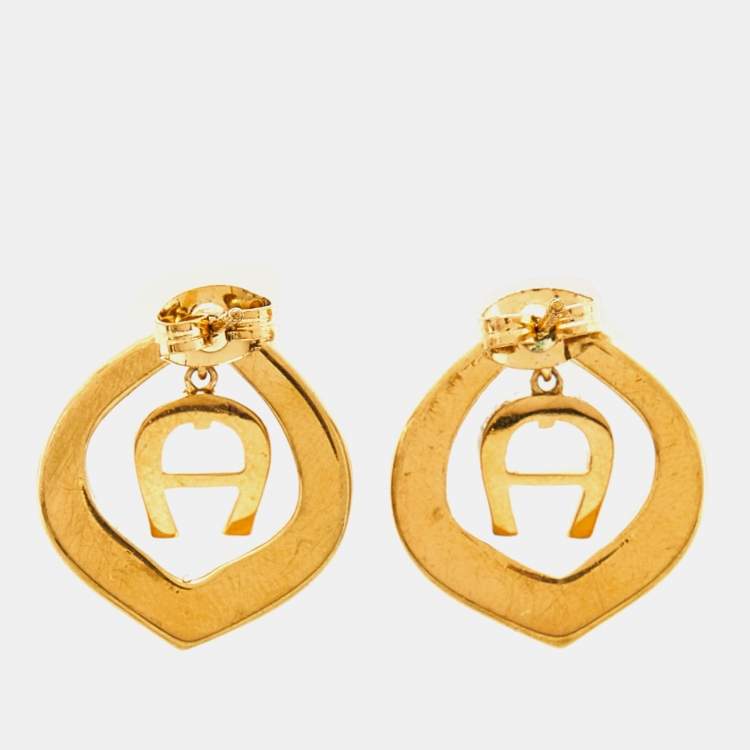 Pre Owned Aigner Gold Tone Logo Crystal Detail Stud Earrings