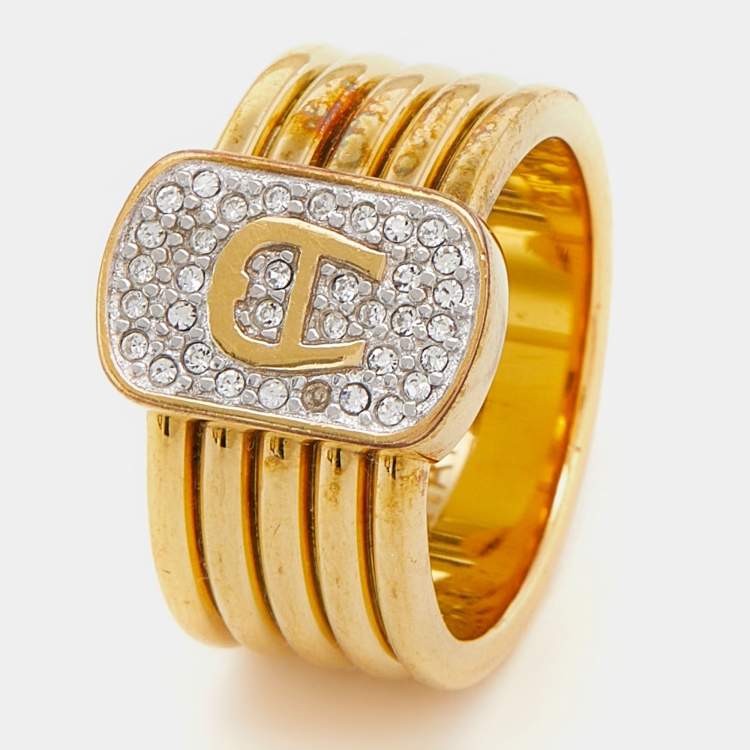 Pre Owned Aigner Gold Tone Crystal Logo Band Ring Size EU 54