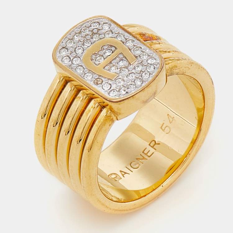 Pre Owned Aigner Gold Tone Crystal Logo Band Ring Size EU 54