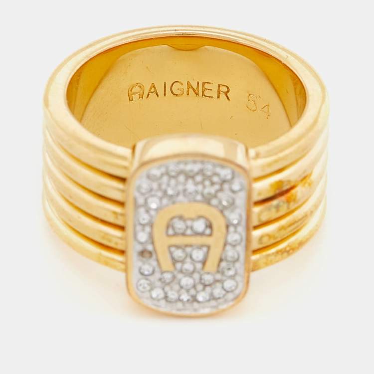 Pre Owned Aigner Gold Tone Crystal Logo Band Ring Size EU 54