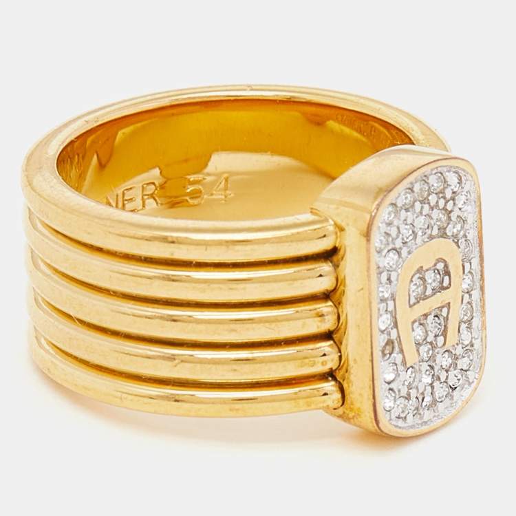 Pre Owned Aigner Gold Tone Crystal Logo Band Ring Size EU 54