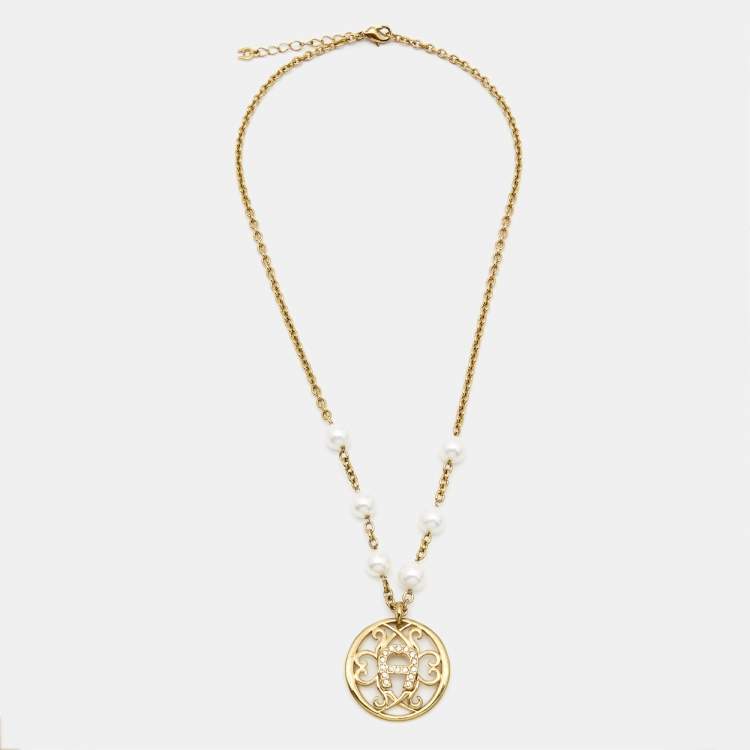 Pre Owned Aigner Crystal Faux Pearl Gold Tone Necklace