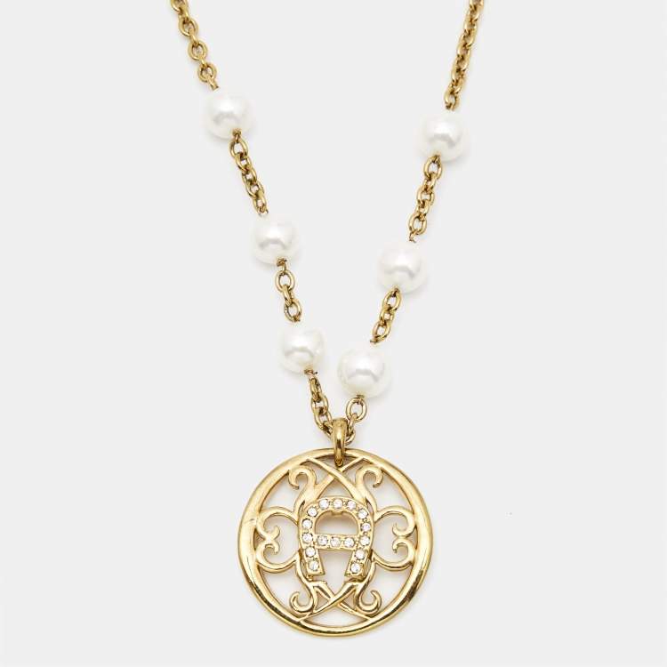 Pre Owned Aigner Crystal Faux Pearl Gold Tone Necklace