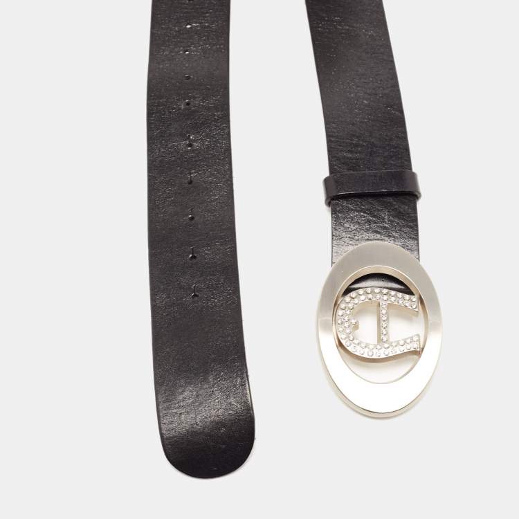 مملوكة مسبقًا Aigner Black Leather Crystal Embellished Logo Belt 90CM
