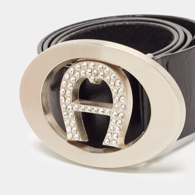مملوكة مسبقًا Aigner Black Leather Crystal Embellished Logo Belt 90CM