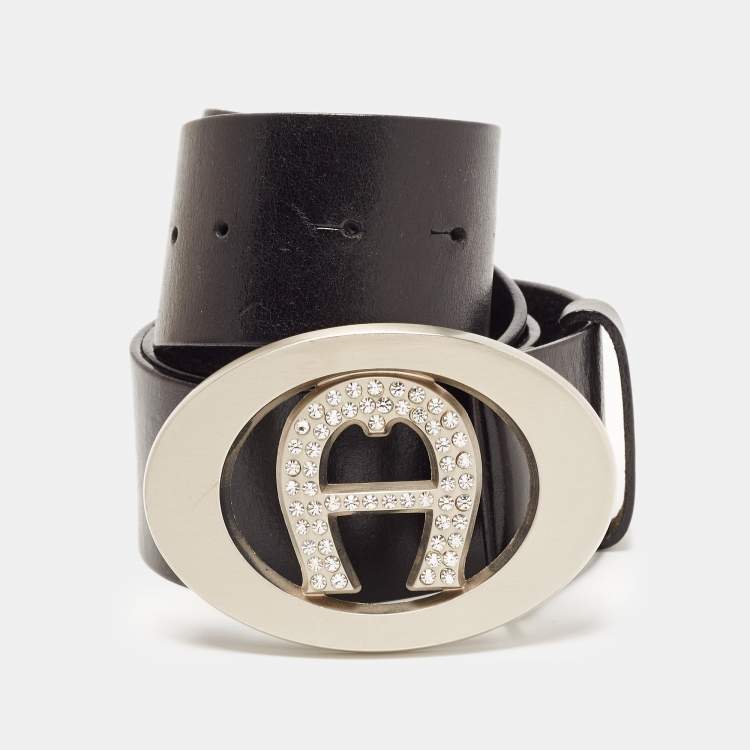 مملوكة مسبقًا Aigner Black Leather Crystal Embellished Logo Belt 90CM