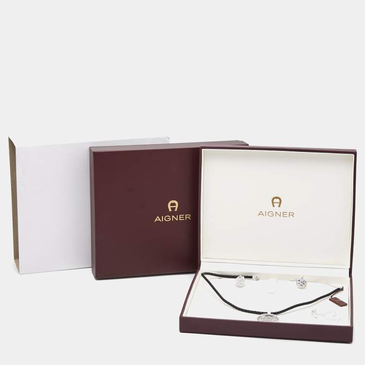Pre Owned Aigner Crystals Silver Tone Leather Necklace and Earrings Set