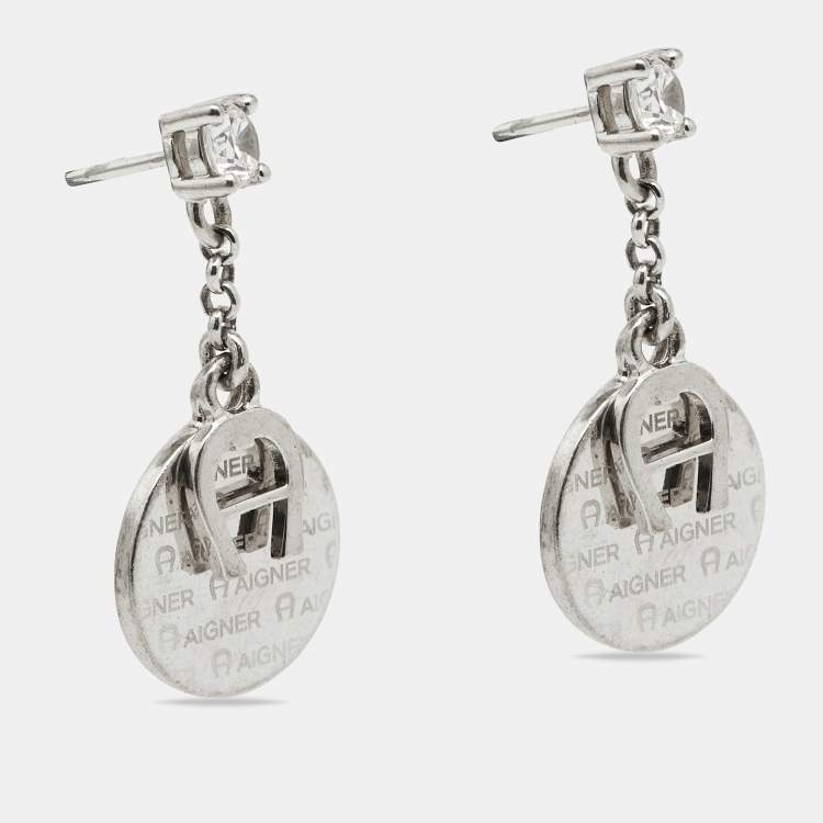 Pre Owned Aigner Silver Tone Crystal Detail Drop Earrings