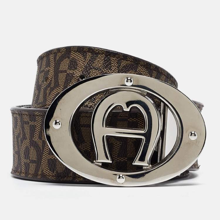 Pre Owned Aigner Dark Brown Monogram Coated Canvas and Leather Logo Belt