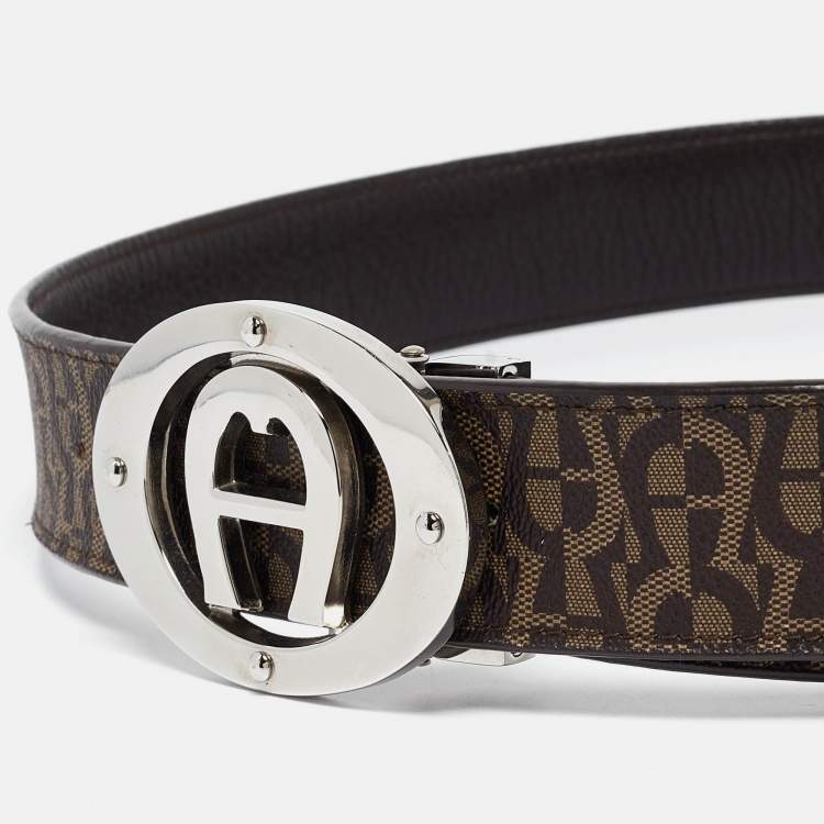 Pre Owned Aigner Dark Brown Monogram Coated Canvas and Leather Logo Belt