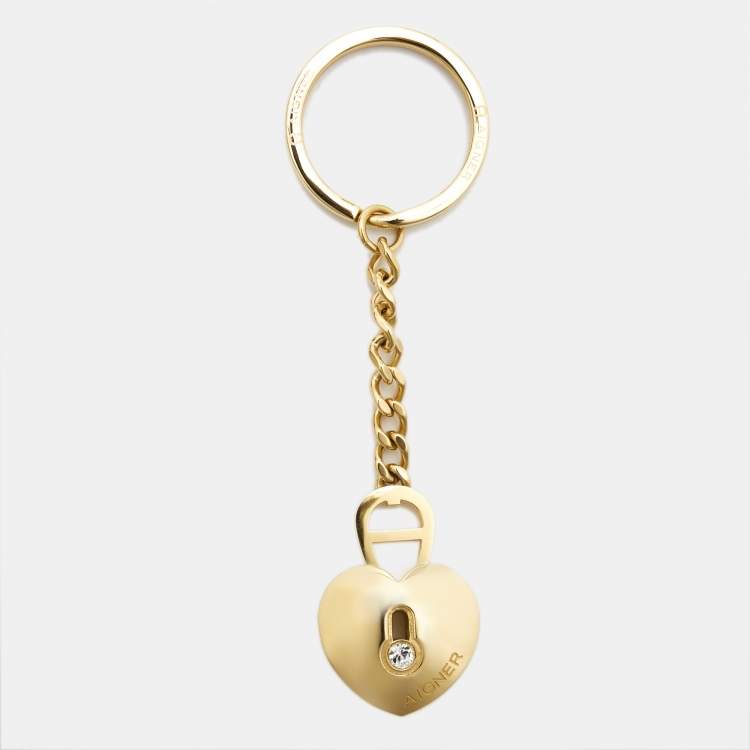 Pre Owned Aigner Heart Lock Crystal Gold Tone Key Chain