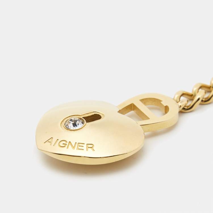 Pre Owned Aigner Heart Lock Crystal Gold Tone Key Chain