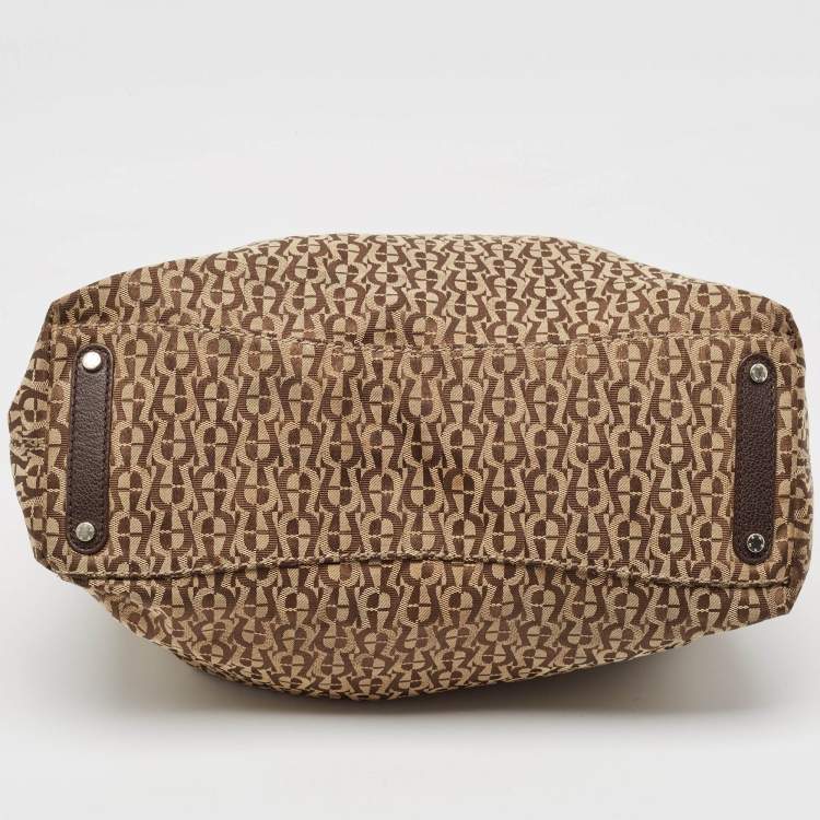 Pre Owned Aigner Brown/Beige Signature Canvas and Leather Snap Tote