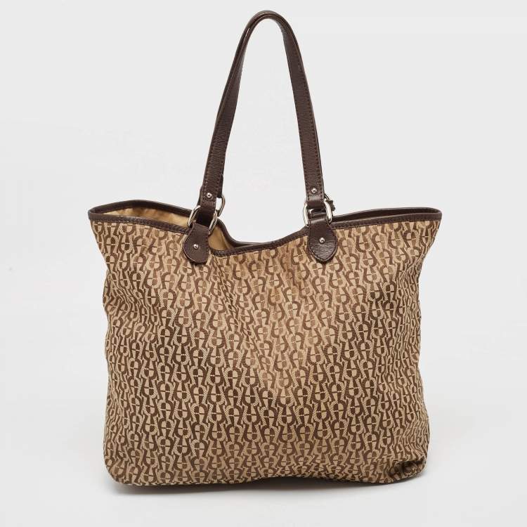 Pre Owned Aigner Brown/Beige Signature Canvas and Leather Snap Tote