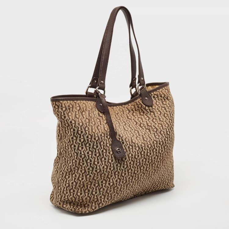 Pre Owned Aigner Brown/Beige Signature Canvas and Leather Snap Tote