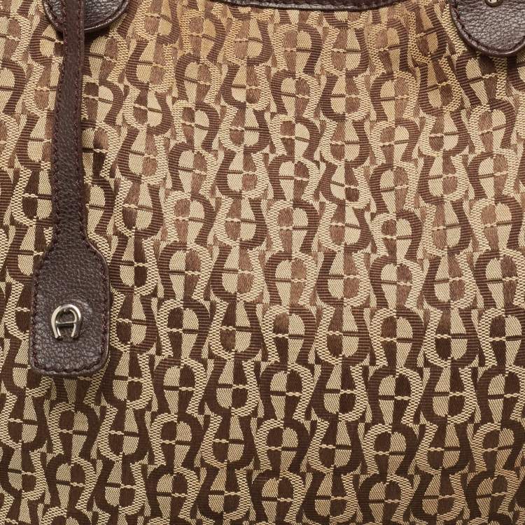 Pre Owned Aigner Brown/Beige Signature Canvas and Leather Snap Tote