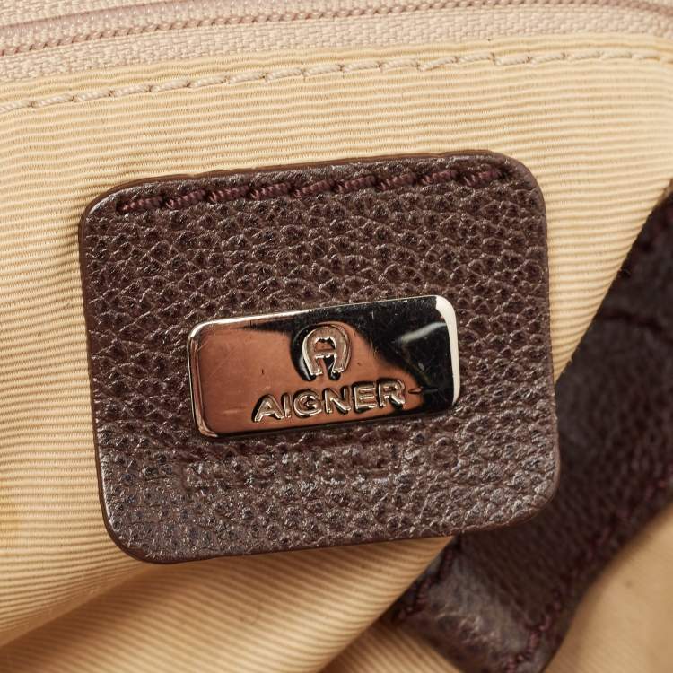 Pre Owned Aigner Brown/Beige Signature Canvas and Leather Snap Tote