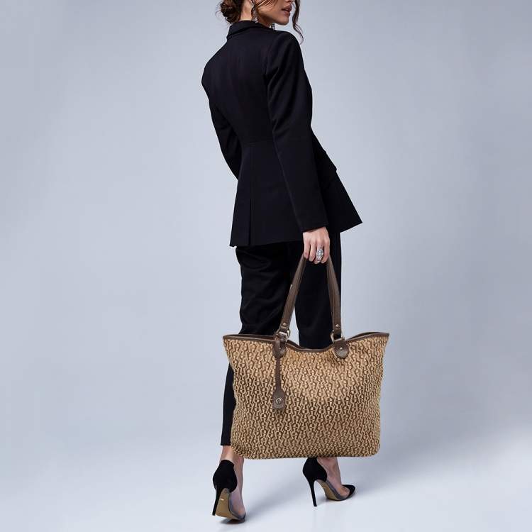 Pre Owned Aigner Brown/Beige Signature Canvas and Leather Snap Tote