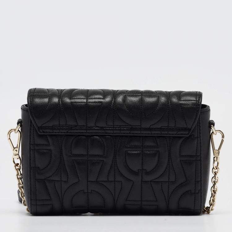 Pre Owned Aigner Black Logo Embossed Leather Pria Chain Shoulder Bag