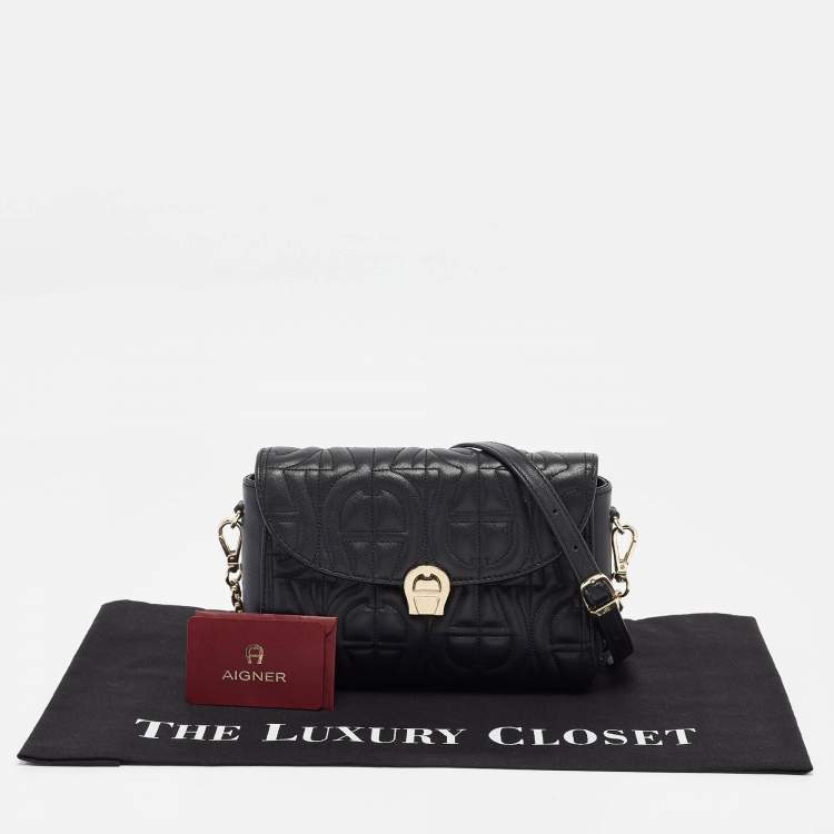 Pre Owned Aigner Black Logo Embossed Leather Pria Chain Shoulder Bag