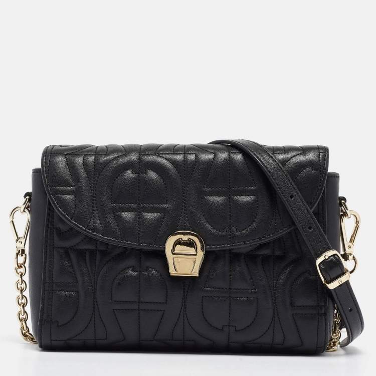 Pre Owned Aigner Black Logo Embossed Leather Pria Chain Shoulder Bag