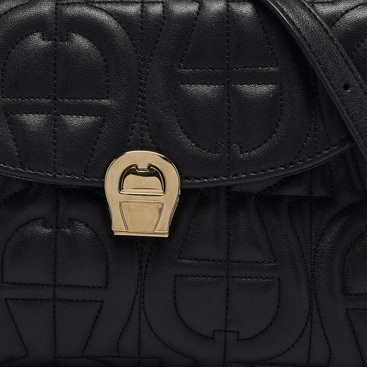 Pre Owned Aigner Black Logo Embossed Leather Pria Chain Shoulder Bag