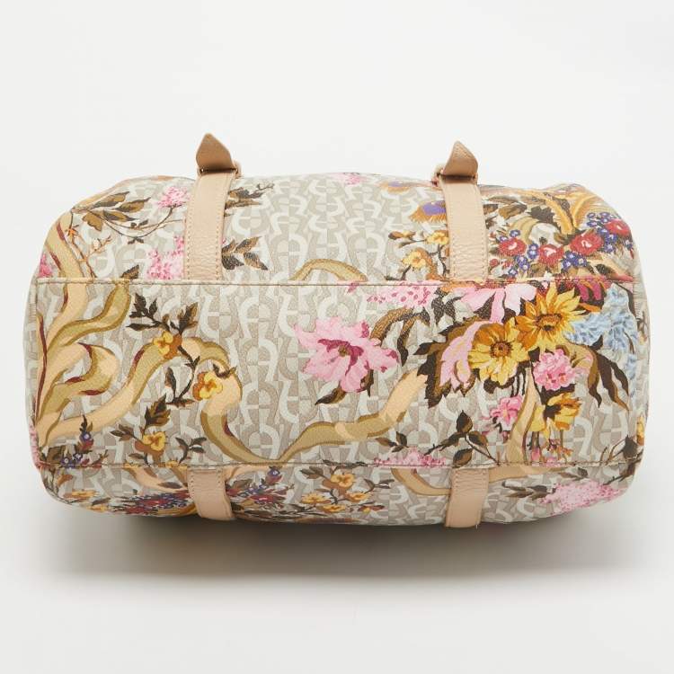 Pre Owned Aigner Beige/Multicolor Signature Floral Print PVC Satchel