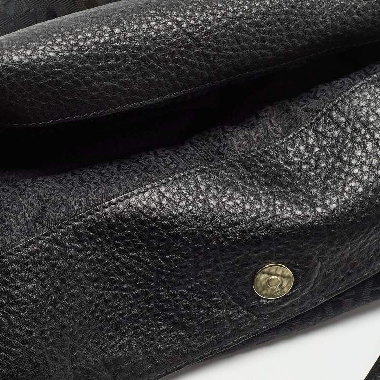 Pre Owned Aigner Black Monogram Canvas and Leather Logo Handle Hobo