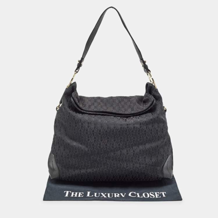 Pre Owned Aigner Black Monogram Canvas and Leather Logo Handle Hobo