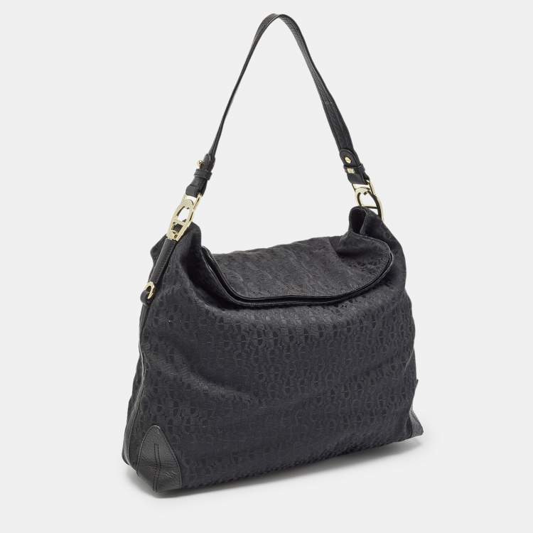 Pre Owned Aigner Black Monogram Canvas and Leather Logo Handle Hobo