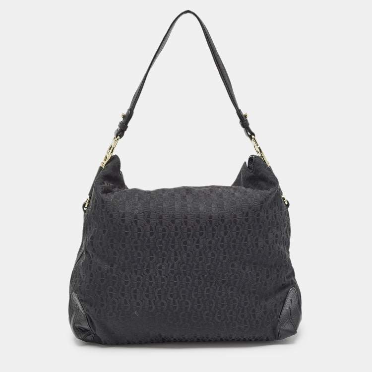 Pre Owned Aigner Black Monogram Canvas and Leather Logo Handle Hobo