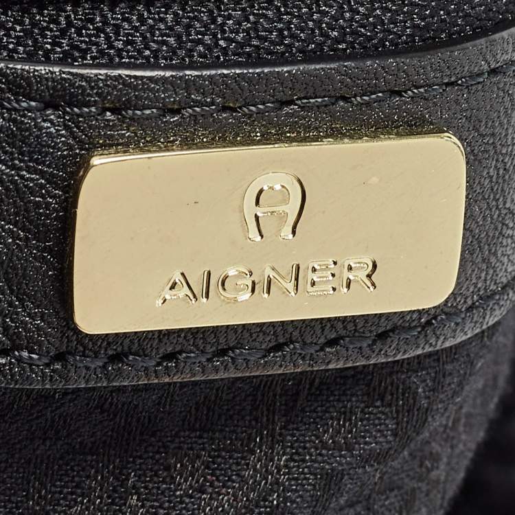 Pre Owned Aigner Black Monogram Canvas and Leather Logo Handle Hobo