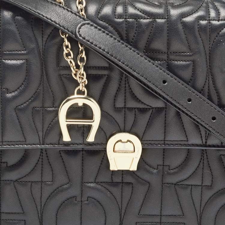 Pre Owned Aigner Black Logo Embossed Leather Genoveva Top Handle Bag