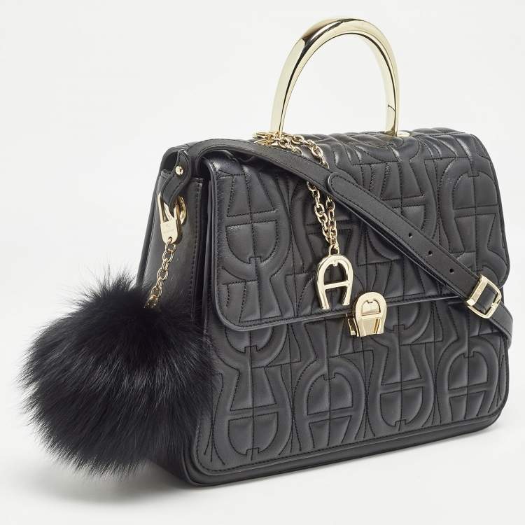 Pre Owned Aigner Black Logo Embossed Leather Genoveva Top Handle Bag