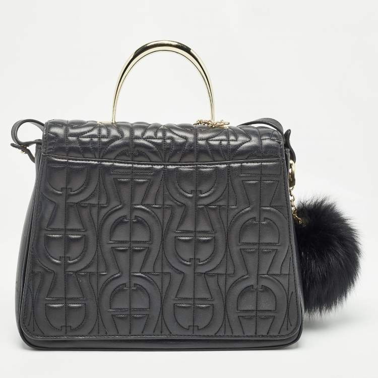Pre Owned Aigner Black Logo Embossed Leather Genoveva Top Handle Bag