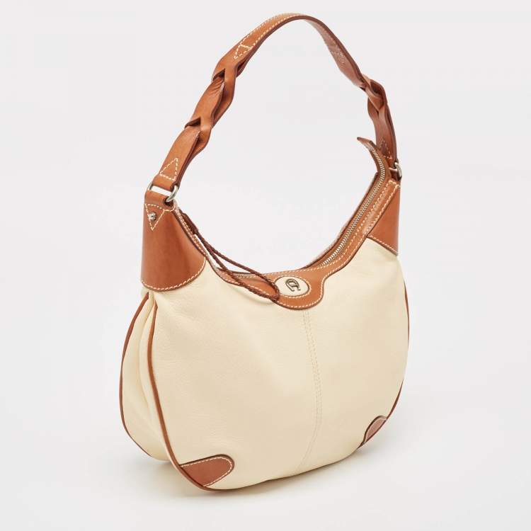 Pre Owned Aigner Brown/Off White Leather Logo Hobo