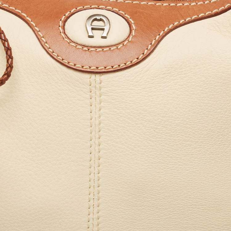 Pre Owned Aigner Brown/Off White Leather Logo Hobo