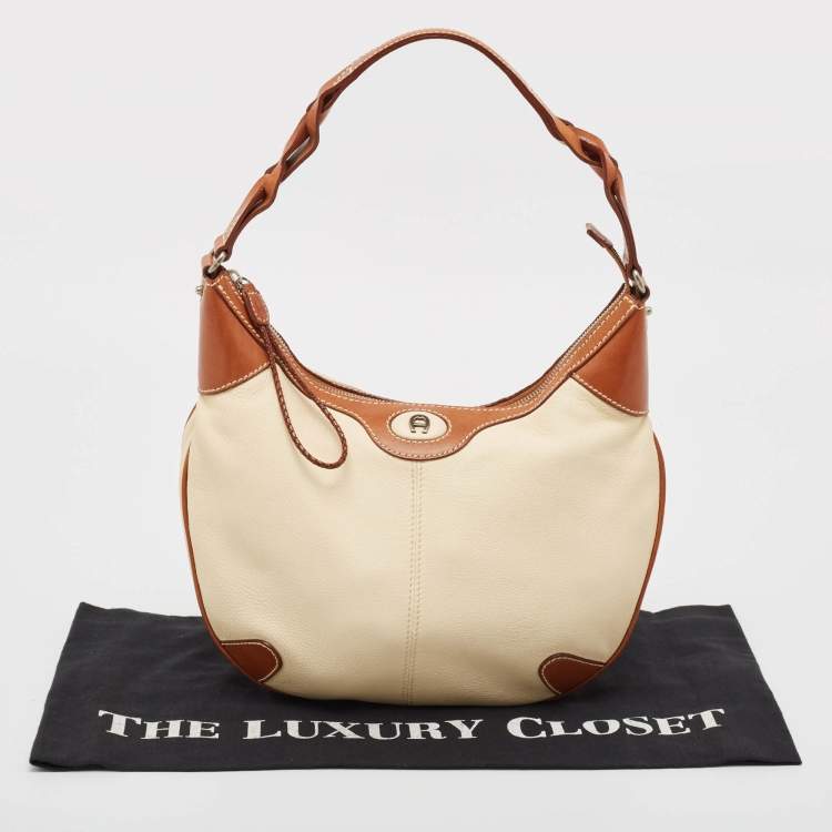 Pre Owned Aigner Brown/Off White Leather Logo Hobo